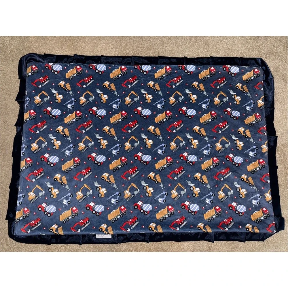 Minky Couture Construction Zone Baby Blanket w/ Blue‎ Satin Lovey Tween 36x50